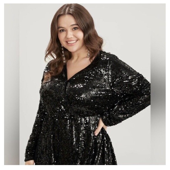 BloomChic Black Metallic Sequined Long Sleeve Dress Faux Wrap Size 14/16 NWTs - Picture 3 of 13